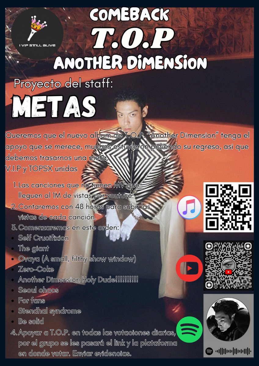 Queridos VIP, queremos trazarnos una meta, y es que T.O.P traspase el 1M de vistas en Youtube con las canciones que no tienen MV, pero sin dejar de reproducir Desperado y Studio 54 (con MV). 
Más información en el flyer👇🏻💚

#WelcomeToAnotherDimension 
#ANOTHER_DIMENSION #TOP