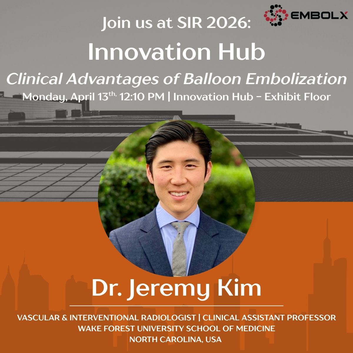EmbolxInc's tweet photo. We’re excited to be part of SIR 2026 and invite you to join us at the Innovation Hub for an engaging session on advancing embolization techniques.

“Clinical Advantages of Balloon Embolization”
🗣️ Dr. Jeremy Kim - Charlotte Radiology
🗓 Monday, April 13
🕛 12:10 PM
📍 Innovation Hub – Exhibit Floor

Dr. @JeremyKimMD will review the evolution, mechanism, and clinical performance of balloon-assisted embolization across TACE, Y90, and PAE. Attendees will gain a clear understanding of the key technical principles and clinical benefits supporting balloon embolization as an advanced approach in IR procedures.

Stop by to learn, connect, and explore how innovation is shaping the future of interventional radiology!
#SIR2026 #InterventionalRadiology #MedTech #Embolization #InnovationHub