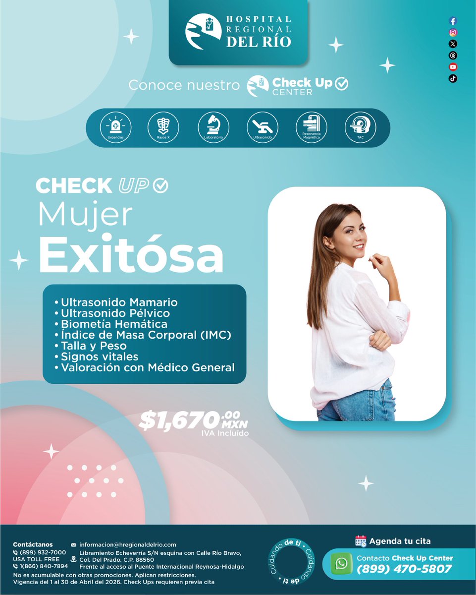 RegionalDelRio's tweet photo. En Hospital Regional del Río contamos con check ups diseñados para acompañarte a ti y a tu familia en cada momento.
✨ Prevenir hoy es vivir con tranquilidad mañana.
📲 Agenda tu cita vía WhatsApp:
https://t.co/N7ttmjARgj
#CheckUps #SaludFamiliar #Reynosa #CuidandoDeTi https://t.co/MuOg1p5zkP