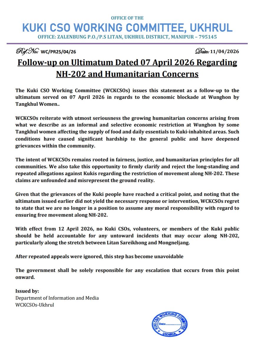 KipsKuki's tweet photo. #Manipur #NH202
The Kuki CSO WORKING COMMITTEE, UKHRUL has made it clear that in the absence of humane response from the separatist Tangkhul community &amp; women a reciprocal action should be their sole responsibility. 
It also expressed its gratitude to the neutral SF posted there. https://t.co/DT7HDXmgVR