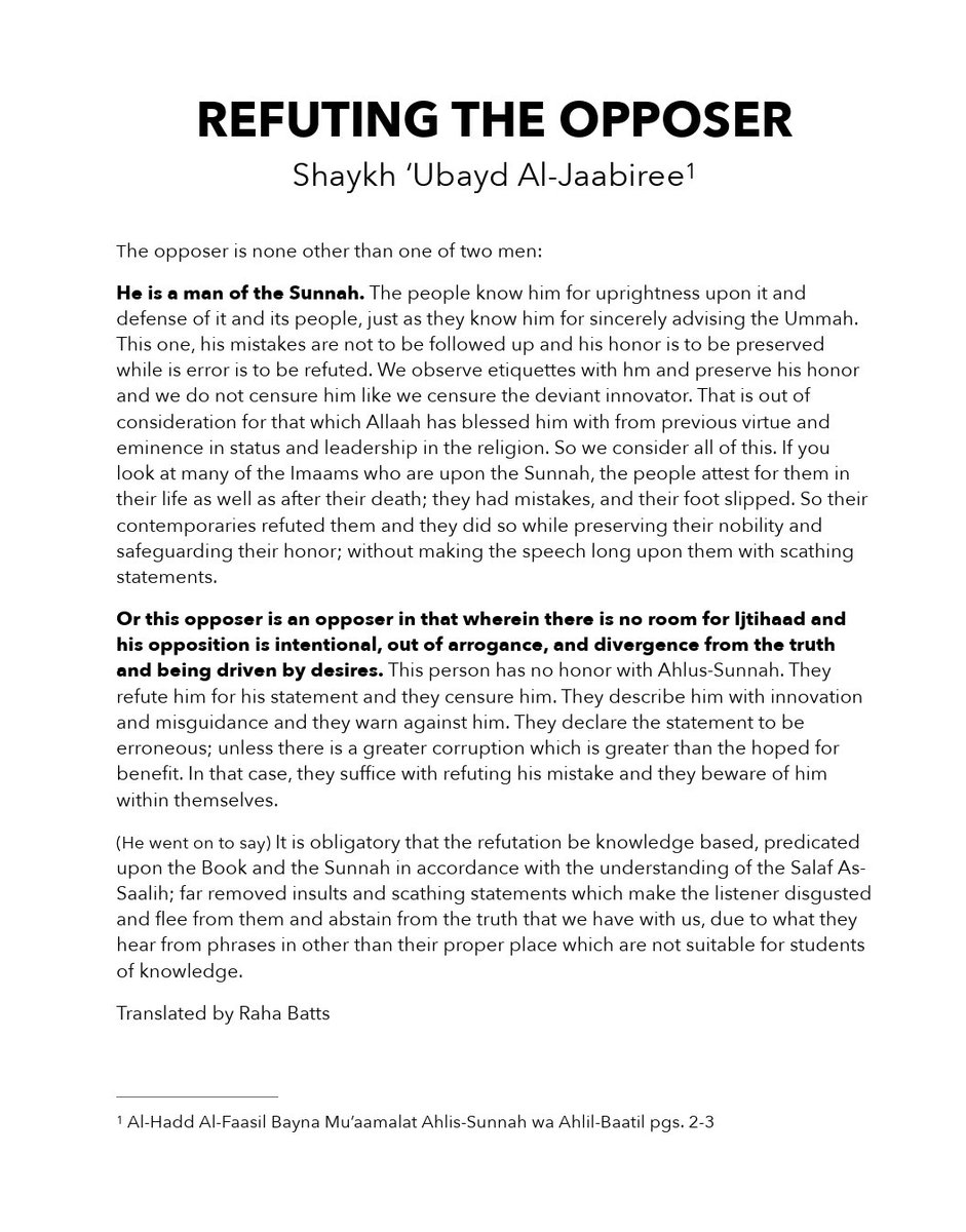 From the Principles of Salafiyyah: Refuting the Opposer; and the Difference Between that Opposer Being a Man of Sunnah vs. a Man of Deviation from the speech of Al-'Allāmah 'Ubayd Al-Jābirī