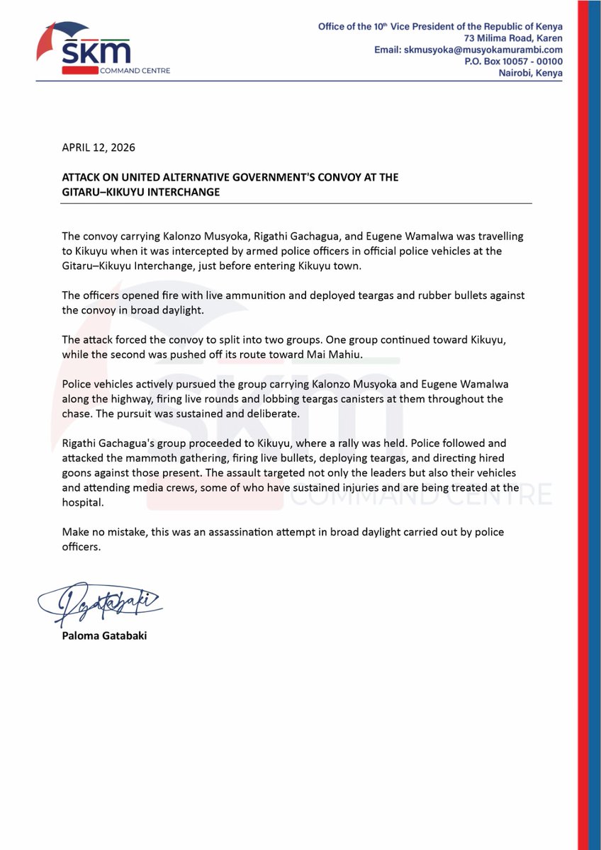 Attack on United Alternative Government's Convoy at the Gitaru–Kikuyu Interchange April 12, 2026.