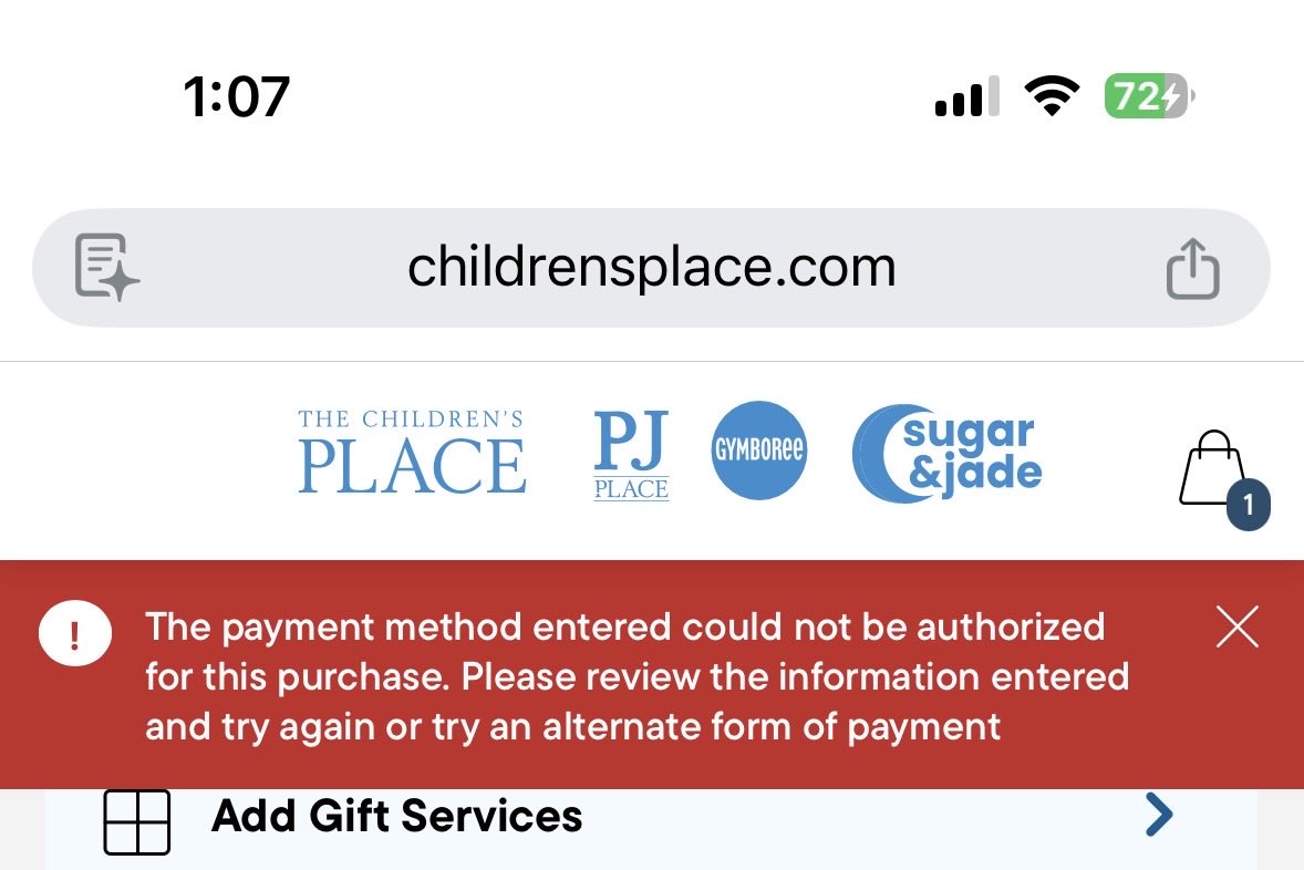 goddessofcurls's tweet photo. @childrensplace Is something wrong with your website with making payment? I’ve tried multiple cards and it won’t go through. https://t.co/OtlJNTZuHv