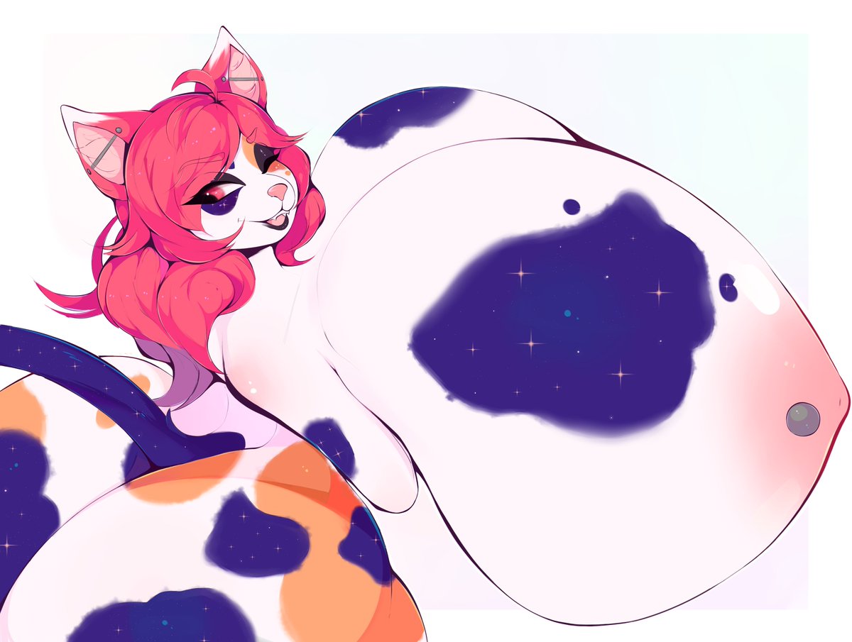 Finally got to finish comm for <a href="/Skunkilicious/">Aster Co.</a> !

Took me way longer that it should, cause I've been feeling kinda distressed lately 😅

Anyways first time trying some hyper stuff with a big tiddy kitty🤭🐱

#furry #furryart #art #hyper #commission