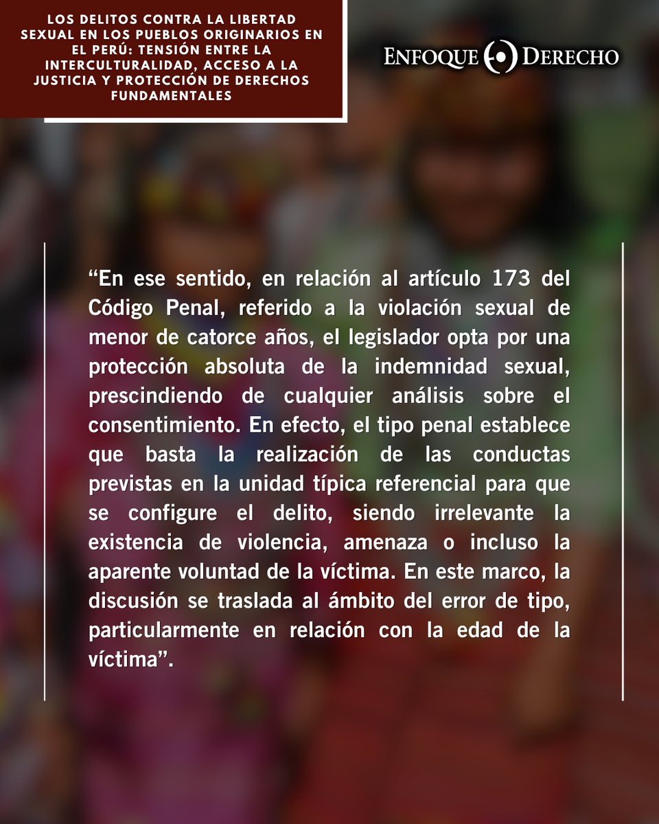 EnfoqueDerecho's tweet image. #Editorial 📚

En el siguiente editorial, #EnfoqueDerecho analiza los #delitos contra la libertad sexual en pueblos originarios en el Perú.

¿Crees que el sistema de justicia logra equilibrar la interculturalidad con la protección efectiva de los DD.FF.?
¡Déjanos tus comentarios!