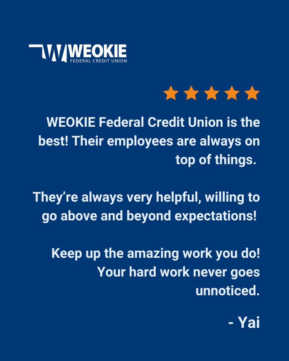 It’s feedback like this that reminds us why we do what we do. 💙

At WEOKIE, being different means putting people first—every time. Thank you for trusting us to be part of your financial journey.

Experience the WEOKIE difference 👉 bit.ly/47tecdx