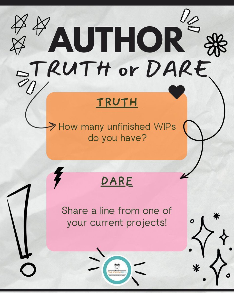 owlhollowpress's tweet image. Happy Saturday! Who's ready for another #AuthorTruthorDare? Today we're talking WIPs, so get ready to spill those secrets! 

🦉 #writinggame #bookish #authorlife