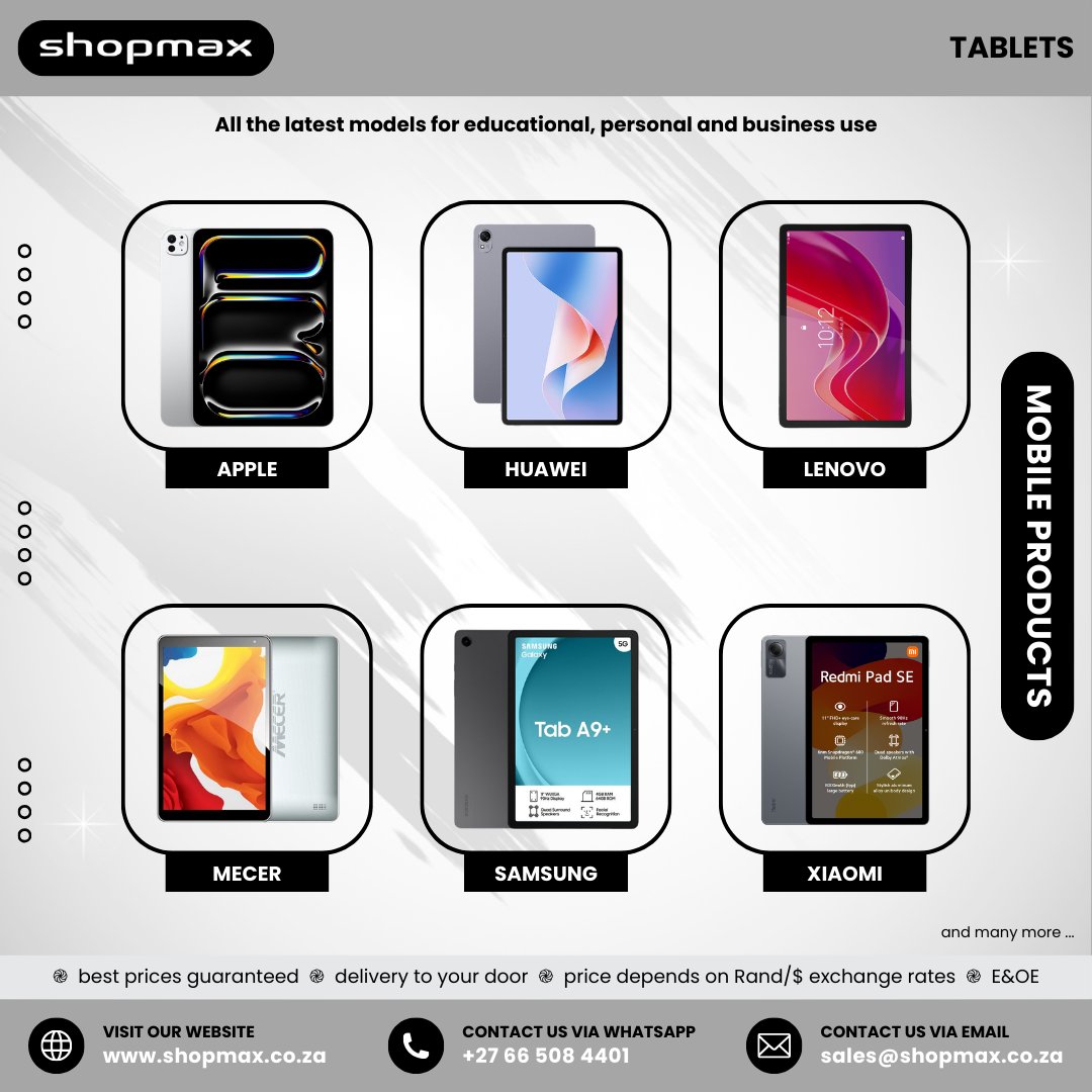 SHOPMAX6's tweet image. 📱 Work. Learn. Play. Anywhere.
Upgrade your tablet today
👉 shopmax.co.za/request_produc…
#Tablets #MobileTech #Shopmax