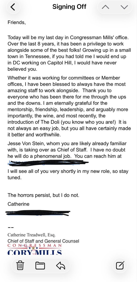 juliegraceb's tweet image. 👀 Rep. Cory Mills’ (R-Fla.) chief has departed from his office.