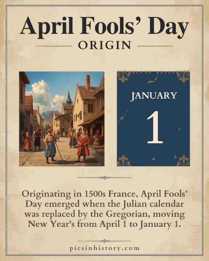 oldpicshistory's tweet image. April Fools' Day originated in the 1500s in France when the Julian calendar (established by Julius Caesar) was replaced with the Gregorian calendar (introduced by Pope Gregory XIII), moving New Year's from April 1 to January 1. 🤡

#aprilfoolsday #history #picsinhistory #april1