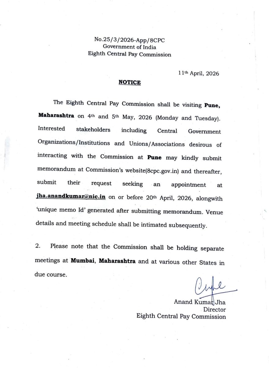 यह बहुत खुशी की बात है कि #8CPC ने #दिल्ली और #पुणे में अपनी मीटिंग का शेड्यूल जारी कर दिया है। अब भरोसा हो रहा है कि आयोग अपने काम की गति पकड़ रहा है। ऑल इंडिया एनपीएस एम्पलाइज फेडरेशन इसके लिए आयोग का हृदय से स्वागत करती है और आभार प्रकट करती है। उम्मीद है कि जल्द ही आयोग,