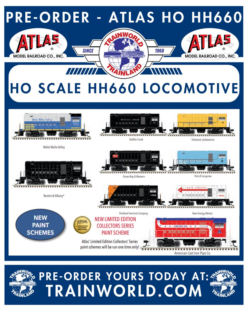 Trainworld's tweet image. Atlas Master HO HH660 Locomotive! NEW Paint Schemes! 🎨 trainworld.com/shop-by-brand/…

Pre-Order Atlas HO Scale from: Trainworld.com @atlasrr

#trains #train #modeltrain #modelrailroad #railfans #railfans_of_instagram #railfanning #trainworld #trainland #toytrain #modeltrains