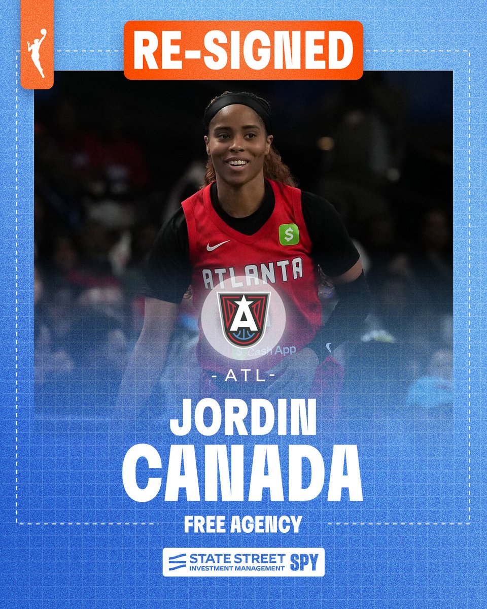WNBA's tweet photo. RE-SIGNED 🚨

Brionna Jones, Jordin Canada, and Naz Hillmon have re-signed with the @AtlantaDream!

Transactions presented by State Street Investment Management SPY

#WNBAFreeAgency https://t.co/6Zk80KOYas