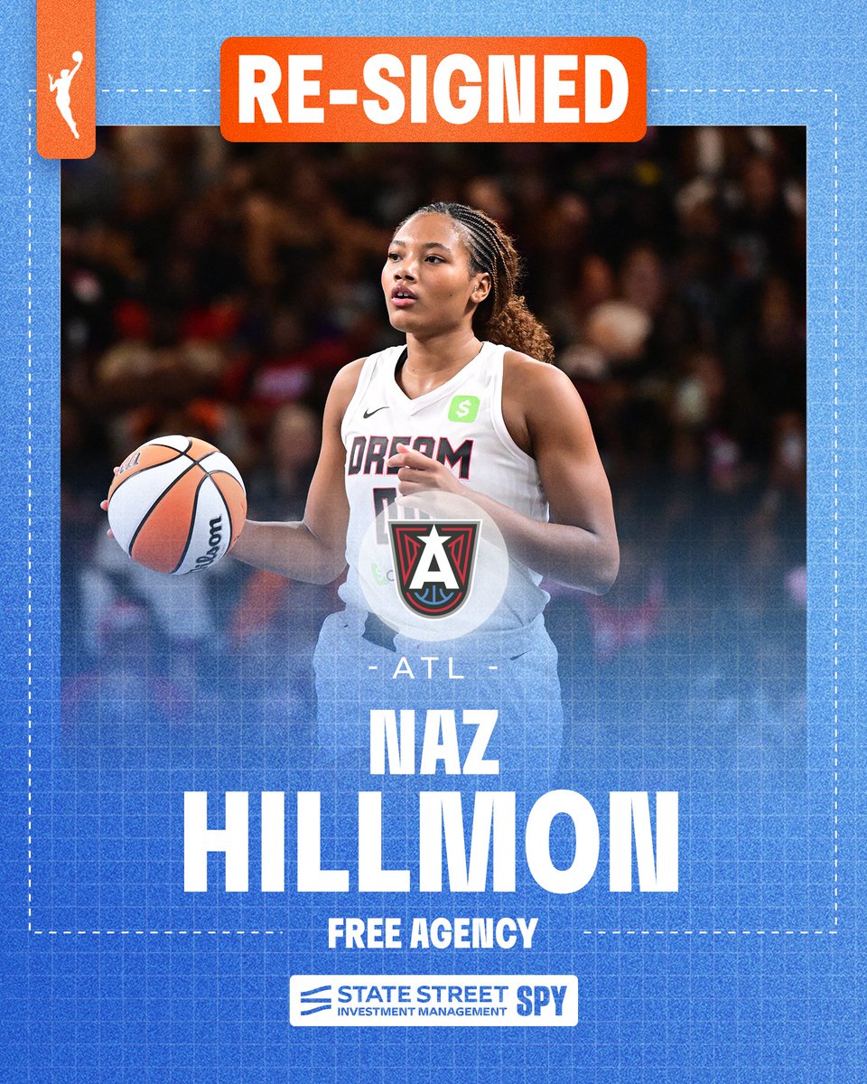 WNBA's tweet photo. RE-SIGNED 🚨

Brionna Jones, Jordin Canada, and Naz Hillmon have re-signed with the @AtlantaDream!

Transactions presented by State Street Investment Management SPY

#WNBAFreeAgency https://t.co/6Zk80KOYas