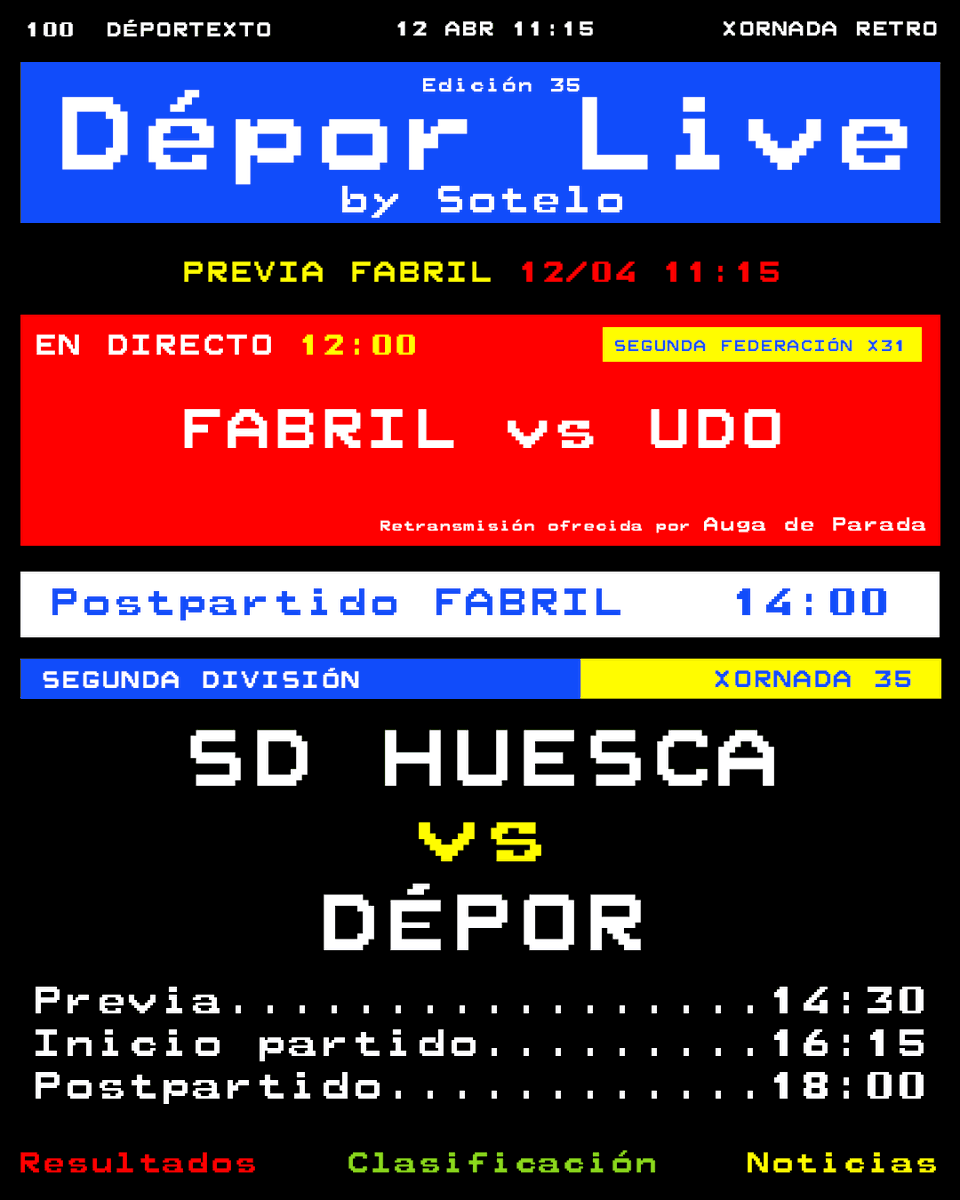 RCDeportivo's tweet photo. 🔙 Aínda que sexa a xornada retro non fai falta usar o 𝐓𝐞𝐥𝐞𝐭𝐞𝐱𝐭𝐨. 

🚨 Esperámosvos desde pola mañá en #DéporLive 𝑏𝑦 𝑆𝑜𝑡𝑒𝑙𝑜 para vivir un emocionante domingo branquiazul.

🔛 11.15 Previa #FabrilUDOurense
📺 12.00 Retransmisión integra do partido

E a partir das 14.30 toda a emoción do #HuescaDépor! 📻