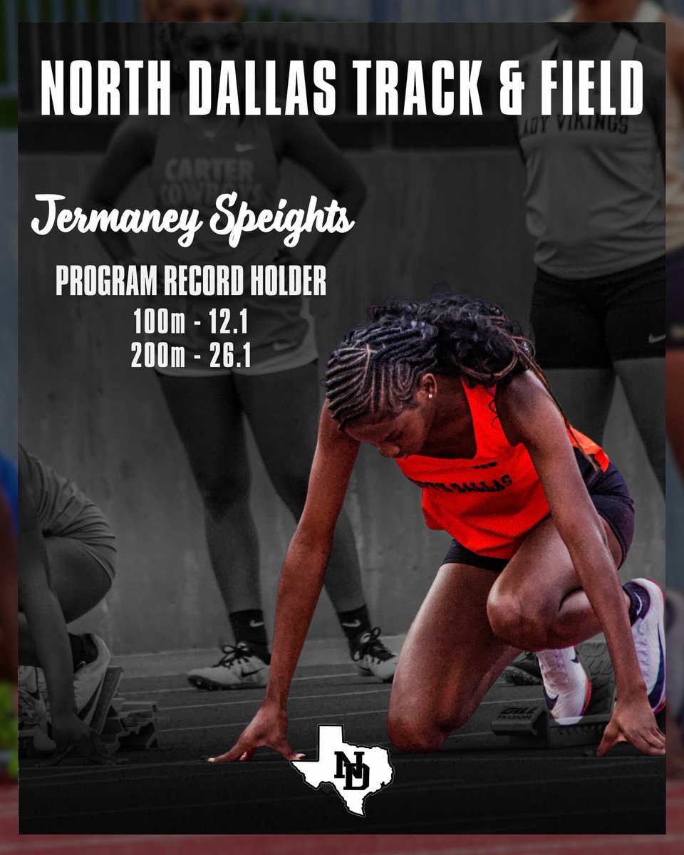 ND_TrackField's tweet photo. Records were made to be broken… and she set them. 🔥

Jermaney Speights 100m: 12.1 | 200m: 26.1

#NorthDallasTrack #Speed #TrackNation https://t.co/FsyvArRTZr
