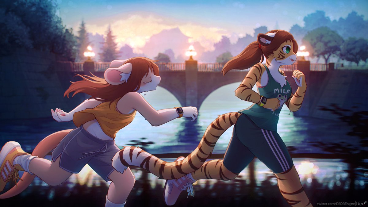 AlextheCatte's tweet photo. Charlie tags along on Alex's press tour for her new album in Japan. 

He didn't know there would be cardio, else he wouldn't have come. 

🎨 @RED3Engine https://t.co/UaHnljVuLt