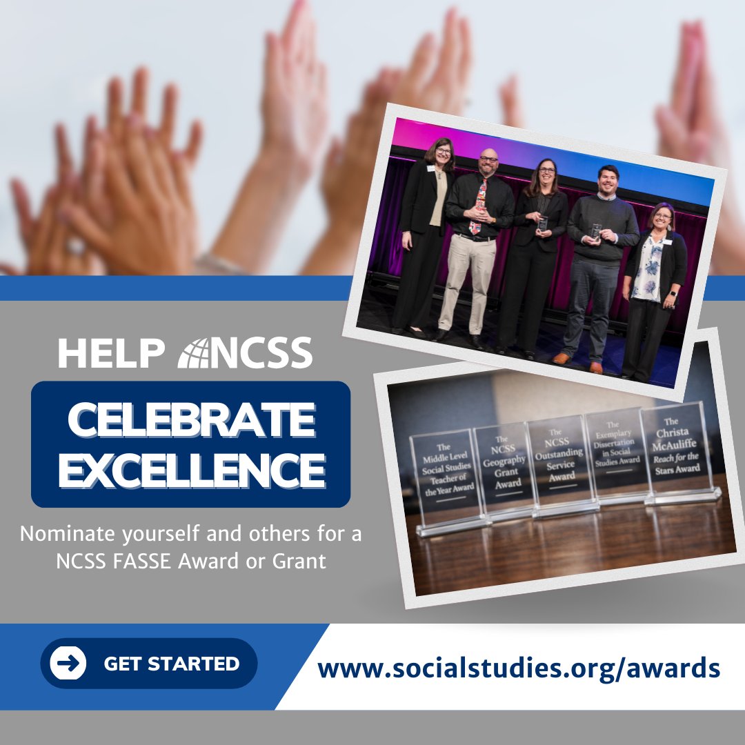 NCSSNetwork's tweet image. 🏆 Do you know someone who has made a remarkable impact in the social studies profession? Submissions for the NCSS FASSE Awards are now open!

➡️ Nominate yourself or a colleague now: hubs.li/Q048fQZZ0 #socialstudies #edchat
