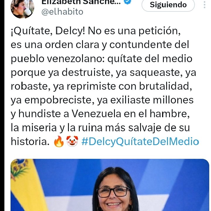 mirtha_gu's tweet photo. @RamonRamonma @SecRubio @POTUS @realDonaldTrump @usembassyve Quítate Delcy Rodríguez.
Eres una usurpadora colombiana.
Los ciudadanos venezolanos no te quieren ocupado un cargo de presidente que corresponde a un ciudadano venezolano. https://t.co/bBWr1l8cIc