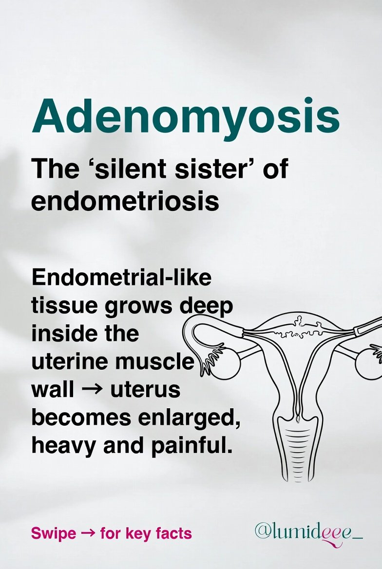 Lumideee_'s tweet photo. Adenomyosis: the ‘silent sister’ of endometriosis that many women suffer with for years thinking it’s ‘just bad periods.’

It thickens your uterus from the inside and can make life miserable.
Swipe for the key facts every woman should know 👉

Not medical advice https://t.co/ckvwyzzc0S
