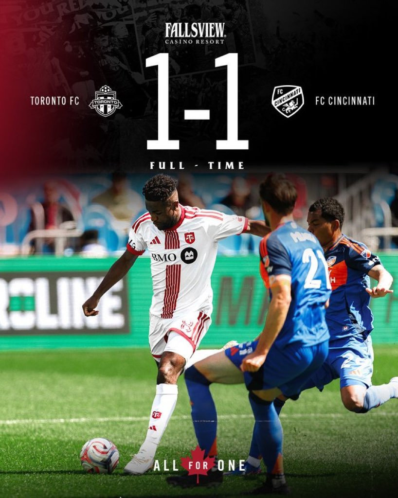 Toronto_France's tweet photo. TERMINÉ 1-1. 

À 11 v 10 on peut dire que c’est frustrant. Surtout en encaissant une nouvelle fois dans le temps additionnel. 

Cependant, 5ème match de suite sans défaite. Toujours invaincus à domicile. 

#TFCLive | #TORvCIN https://t.co/OdPvDFud5j
