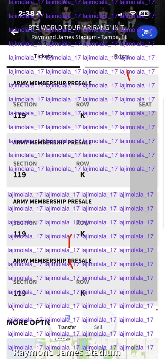 I am selling 4 seat to BTS in Tampa on 4/28. My daughter has a state writing test that Wednesday so we have to go back on Monday. 

4 Tickets
Section 119
Row K
I paid $1,501.20 for all including fees ($375.30/each)
I have Zelle, Venmo, or PayPal. 
Can do over video call.
