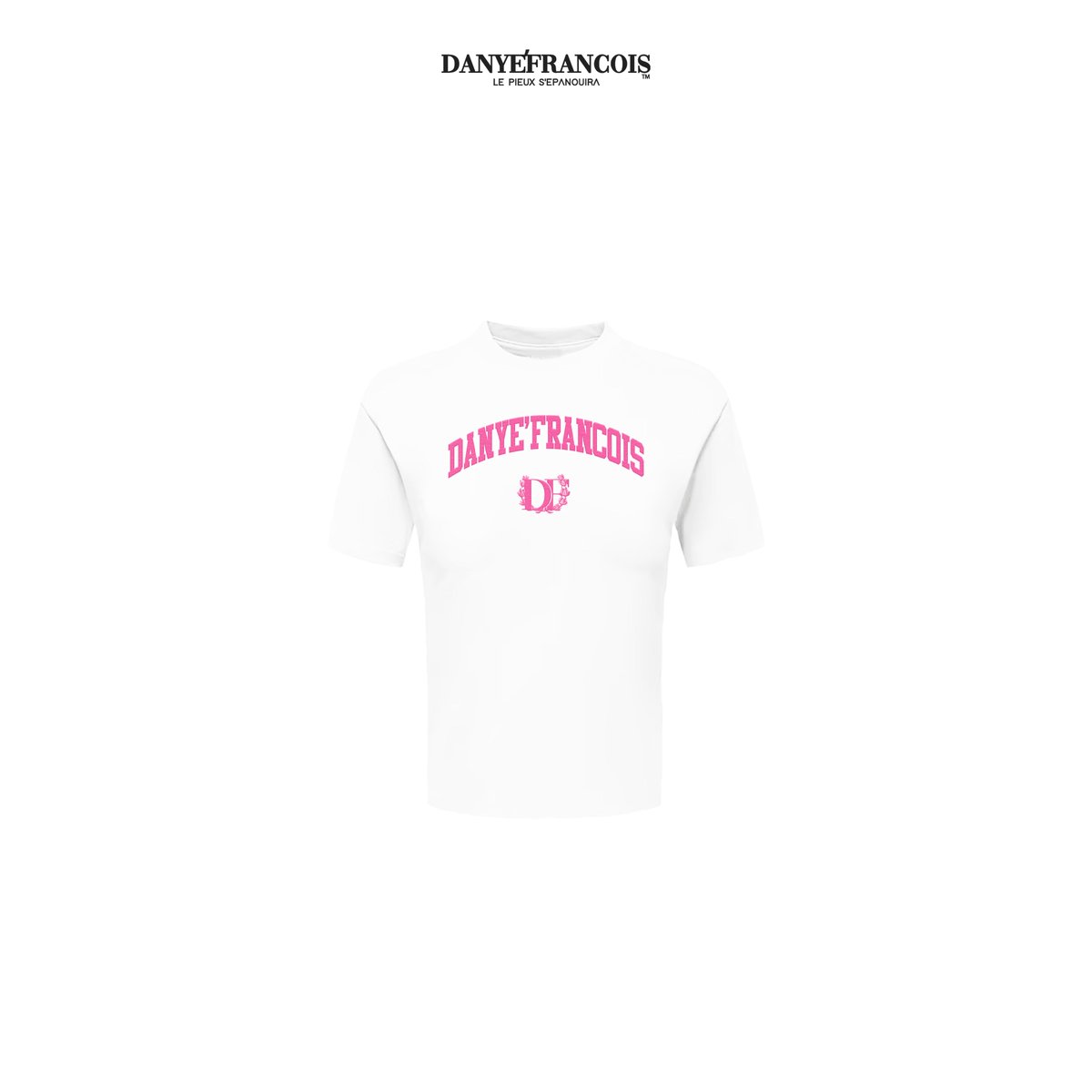 DannySharone's tweet photo. A chic women’s white tee featuring bold pink collegiate-style “Danye’ Francois” lettering with the signature DF crest beneath. Soft, stylish, and effortlessly feminine, it blends casual comfort with luxury streetwear appeal. https://t.co/CtoYba7JRz