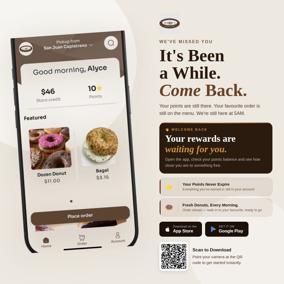 wendidonuts's tweet image. Hey — we've missed you. 👋 Life gets busy. We get it. But your morning routine is just one tap away from being better again.

#WendisDonutsApp #SanJuanCapistrano #LoyaltyRewards #OrderAhead #FreshDonuts