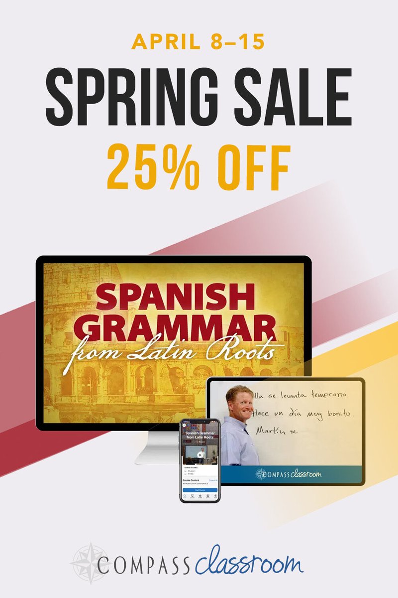 Use code SPRING25 to save 25% off Spanish Grammar from Latin Roots during our Spring Sale! Dwane Thomas leverages Latin roots to make Spanish grammar click -- a smart efficient path to real language fluency. 1 HS credit. compassclassroom.com/shop/product/s…