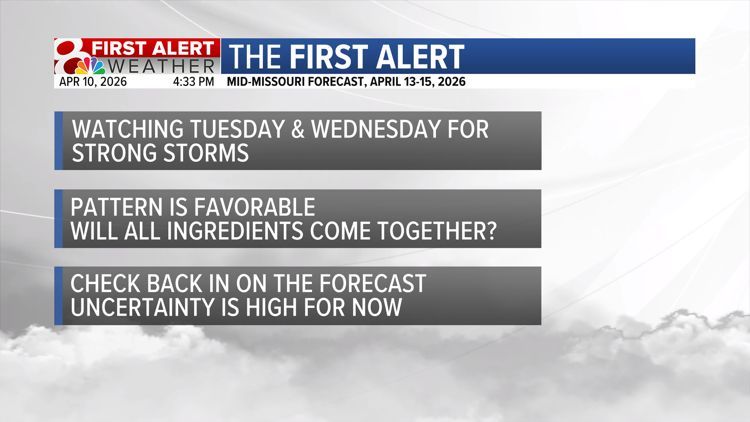 SchwentWX's tweet image. FIRST ALERT: Strong storms are possible on Tuesday &amp;amp; Wednesday. While the large scale pattern is favorable, there are still questions about whether all of the small scale ingredients will come together. I'll have the latest on @KOMUNews at 6!

#mowx #midmowx #komuwx