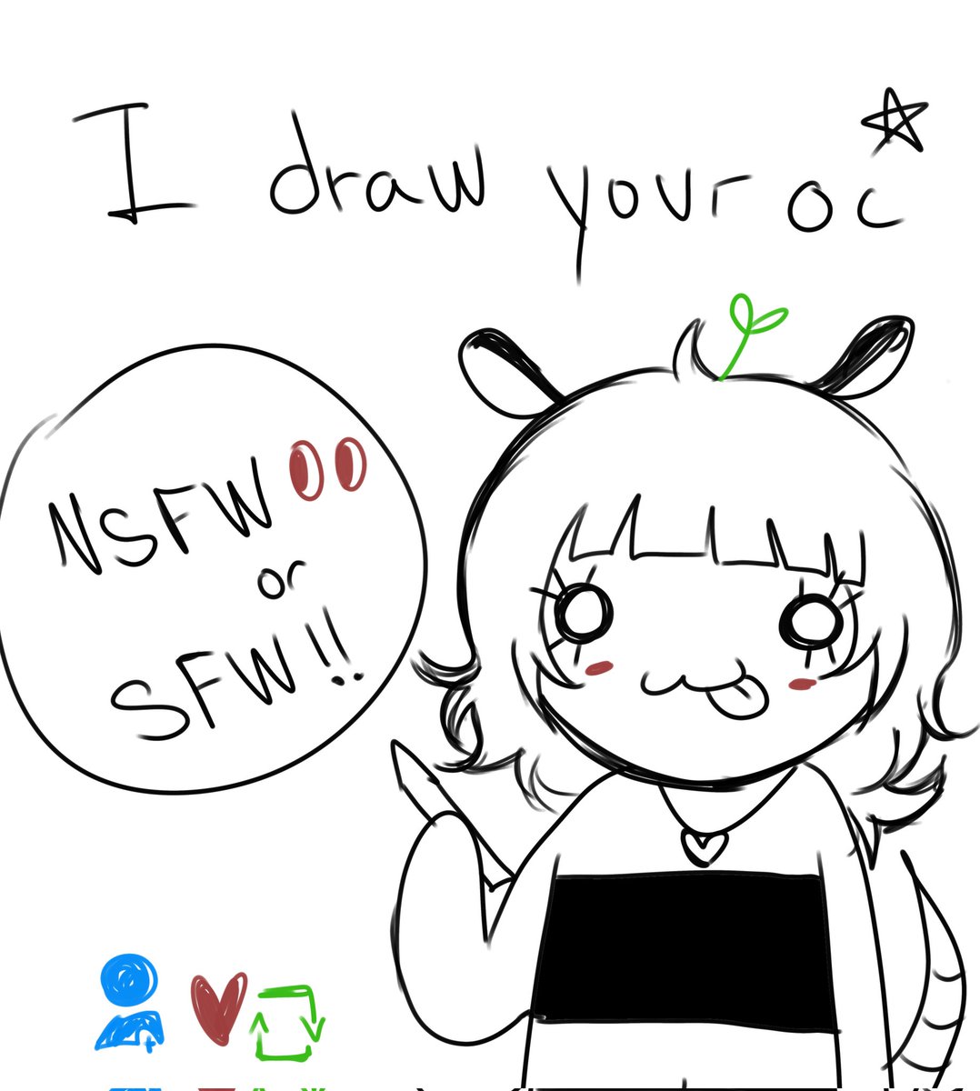 hiii so i wanted to come back to Twitter to try and be more consistent, so I thought I'd draw your OCs, it can be NSFW or SFW, it doesn't really matter. I'd just appreciate it if you could retweet or follow me for more support 😿 thankss