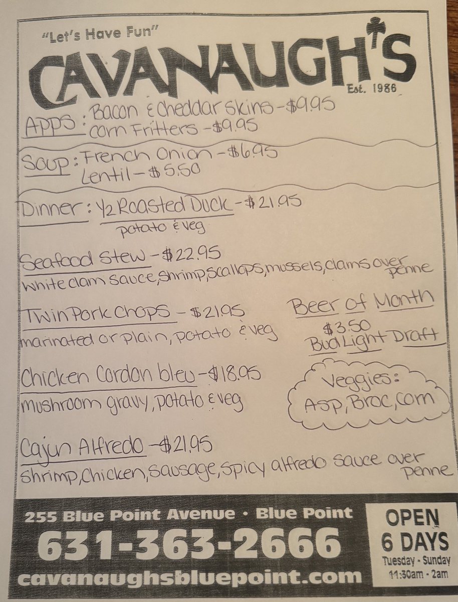 CavanaughsPub's tweet image. Saturday Night Dinner Specials, Kitchen Serving Till 9:30pm. #BluePoint #Bayport #cavanaughs