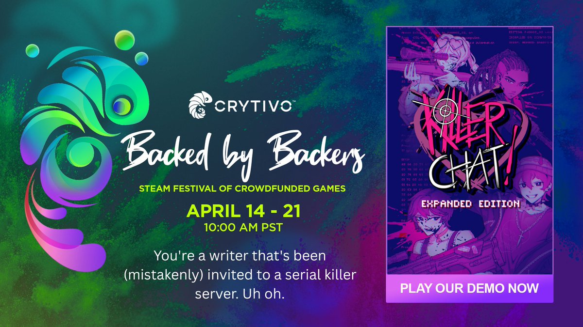 angelrotgames's tweet image. We're so excited to announce that Killer Chat! Expanded is in the BACKED BY BACKERS STEAM FESTIVAL 🎉

We were invited because of YOUR support in getting the game funded on Kickstarter!

Starts April 14, 10 AM PST 💗 Give our demo a shot &amp;amp; stay serial! #IndieGame #BackedByBackers