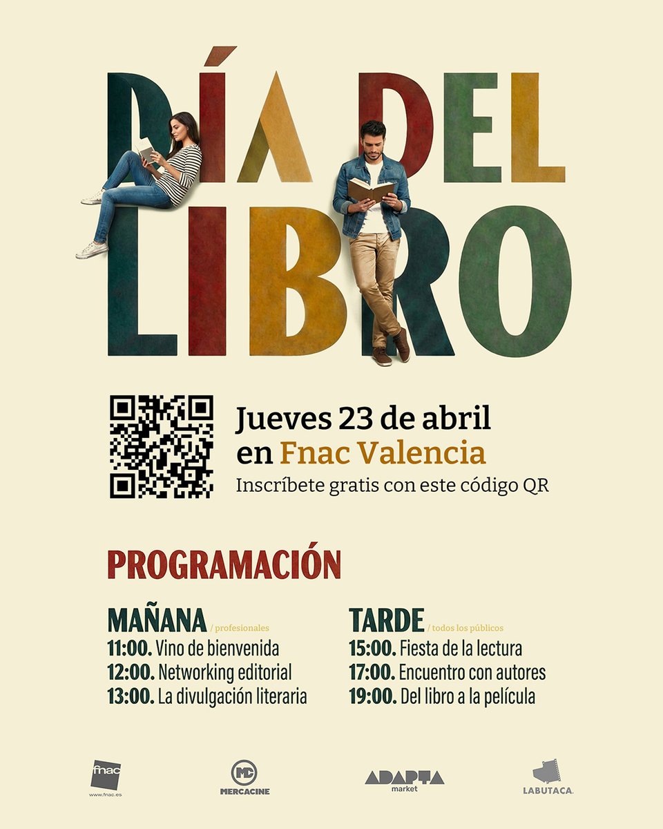 mercacine's tweet photo. DÍA DEL LIBRO 📚🌹 Programación del Día del Libro en Fnac Valencia organizada por Mercacine con la colaboración de Fnac, Adapta Market y LaButaca, incluyendo actividades para profesionales por la mañana y para todos los públicos por la tarde:

MAÑANA (profesionales)

11:00. Vino de bienvenida
12:00. Networking editorial
13:00. La divulgación literaria

TARDE (todos los públicos)

15:00. Fiesta de la lectura
17:00. Encuentro con autores
19:00. Del libro a la película

📍 Todas las actividades serán gratuitas y se realizarán en el fórum cultural de Fnac Valencia (C/ Guillem de Castro, 9), conducidas por el periodista cultural Ángel Castillo.

😃 Ven a celebrar el Día del Libro con un montón de amantes de la lectura como tú, ¡te esperamos el jueves 23 de abril!

✍🏻 Inscríbete ya a través del formulario que encontrarás en la sección "Libros" de la página web de Mercacine:
https://t.co/Avu6hYNy1d