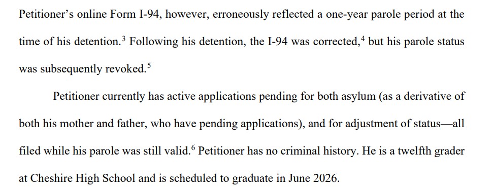 johncraven1's tweet image. #BREAKING Federal judge says @ICEgov detained a #Cheshire teenager based on ERRONEOUS information

In a new order Judge Vernon Oliver says Rihan S's I-94 entry paperwork wrongly listed a 1-year humanitarian status instead of 2 years

Agents thought his status expired last October