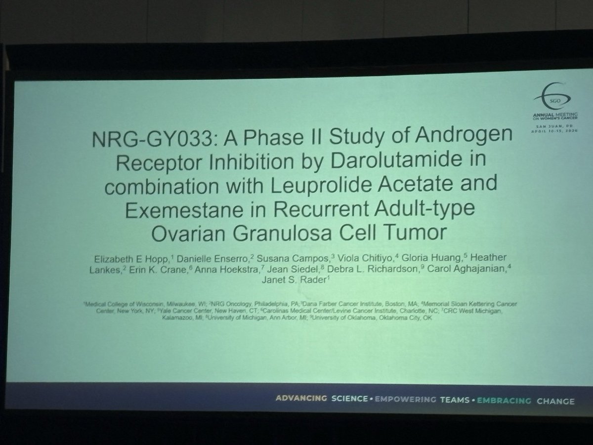 TaroY_oncology's tweet image. #NRG-GY033 at #SGOAM26: Exemestane + darolutamide + leuprolide acetate in recurrent adult-type ovarian granulosa cell tumor
✅ ORR 6.25%, below the prespecified threshold
✅ Stable disease in 62.5% pts
Negative trial. How can hormonal therapy in AGCT be further advanced? @SGO_org