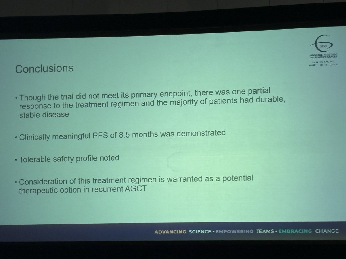 #NRG-GY033 at #SGOAM26: Exemestane + darolutamide + leuprolide acetate in recurrent adult-type ovarian granulosa cell tumor
✅ ORR 6.25%, below the prespecified threshold
✅ Stable disease in 62.5% pts
Negative trial. How can hormonal therapy in AGCT be further advanced? <a href="/SGO_org/">SGO</a>