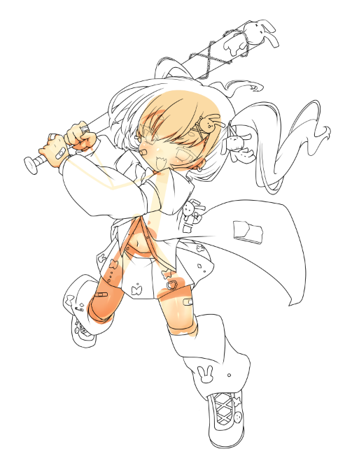 小物追加、左足の角度修正、肌塗り。 良い感じ 