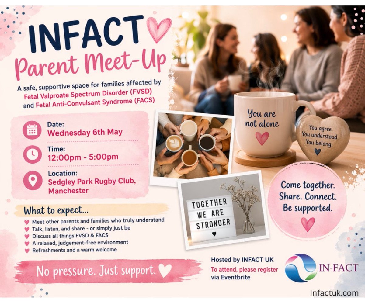 Emma4facs's tweet photo. Family & Carer meet ups planned around the country.
1st stop - Manchester
Supporting families who children have been born with disabilities caused by #Valproate and AntiConvulsants during pregnancy #Fvsd #Facs
@JanetWilliams99 https://t.co/TkCMXMHgro