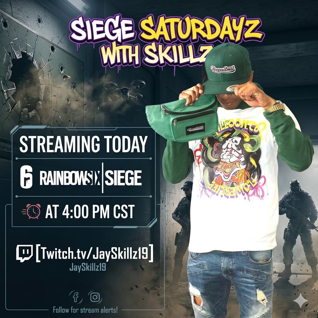 _JaySkillz19's tweet photo. Time to breach and clear. 💥 Going LIVE today at 4:00 PM for Siege Saturdayz! We’re locking in, leveling up, and bringing the heat to Rainbow Six Siege. Pull up to the chat, drop a 🎮, and let’s get these dubs. 
https://t.co/3UJ8xeaOSh 
#JaySkillz19 #Livestream #Twitch https://t.co/HLZYKoppUf