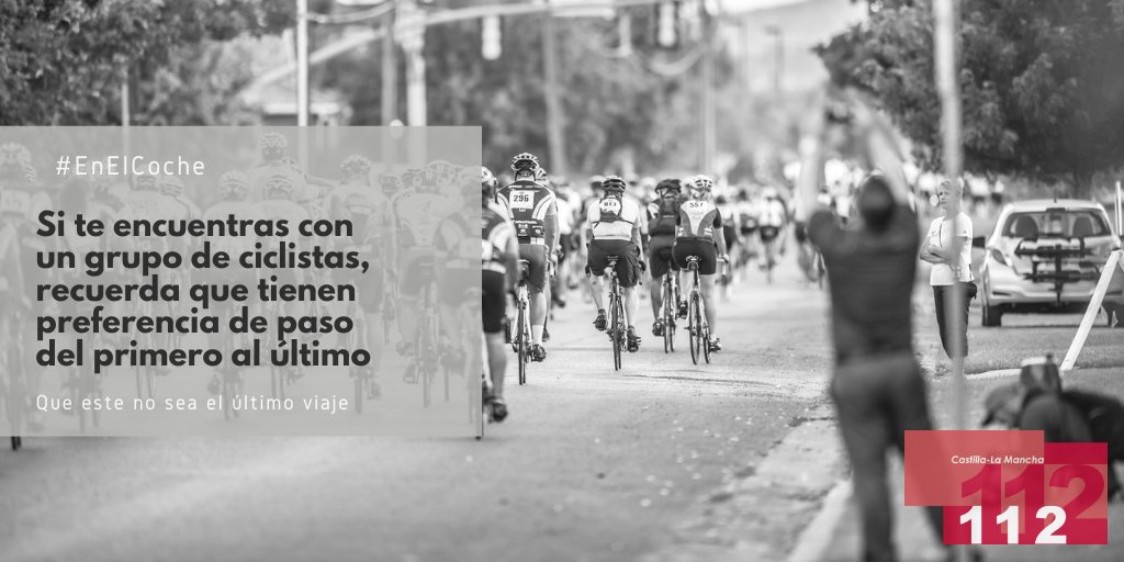 #BuenosDías. Con la llegada de la primavera los grupos de ciclistas salen a la carretera. Si te cruzas con ellos, 🚴 🚴 🚴 🚴 ⬅️ 🚗 acuérdate que tienen preferencia y que debes respetar la distancia de seguridad. #112clm