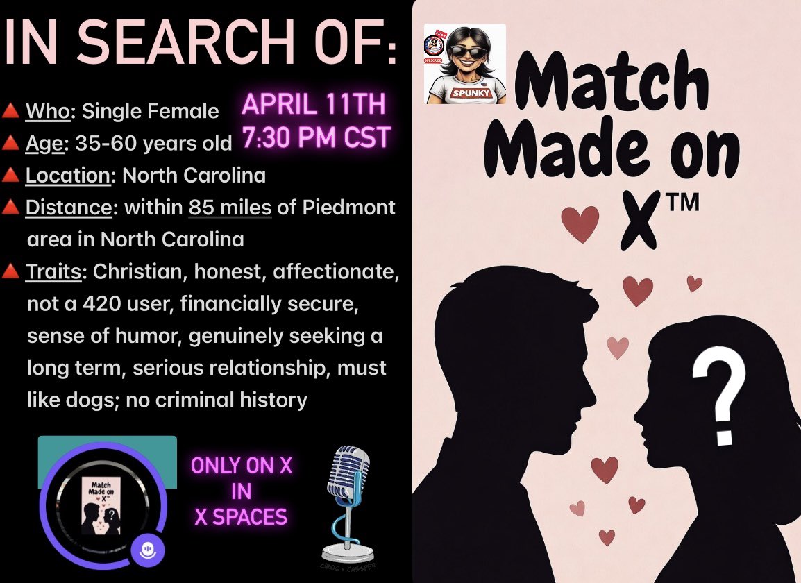 SpunkyPatriot_'s tweet image. Attention #NorthCarolina, Ladies! 
If you're single and ready to mingle, join us tonight! Come meet our special male guest as he tries to make a real love connection. Will he succeed? 
     🔺Sat., April 11th 7:30 PM CST 🔺
