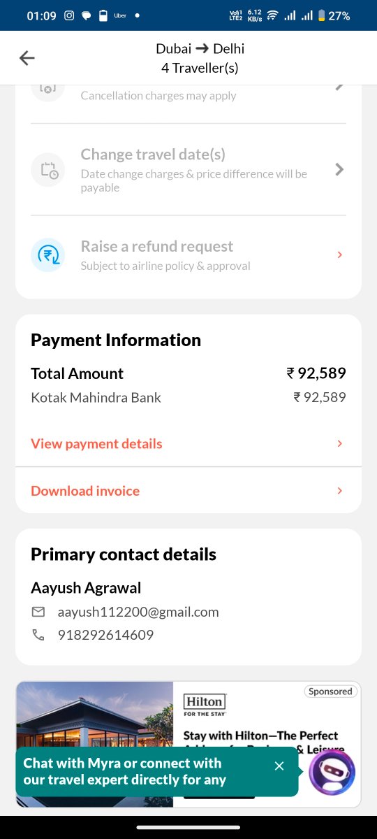 AAYUSHA45026779's tweet photo. @makemytrip @nch1915 @airindia

I have booked tickets from make my trip on 12 th March airline cancelled the flight but no refund has been processed till now .journey date 18th March.

Flight details attached below .
Both Airline and Make my trip not providing any solution. https://t.co/pi1SczqWCD