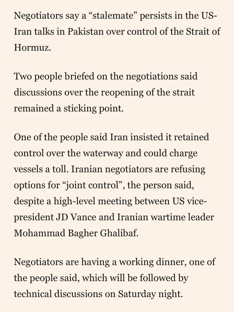 RichardHanania's tweet photo. FT: Stalemate over Hormuz, with Iran rejecting Trump’s idea of “join control.”

The fact that the US is even proposing this is a sign of how low we’ve sunk. Unthinkable we would’ve even considered Iran having a role like this five weeks ago. 

The negotiations are on their terms. https://t.co/SnOEezvQlJ
