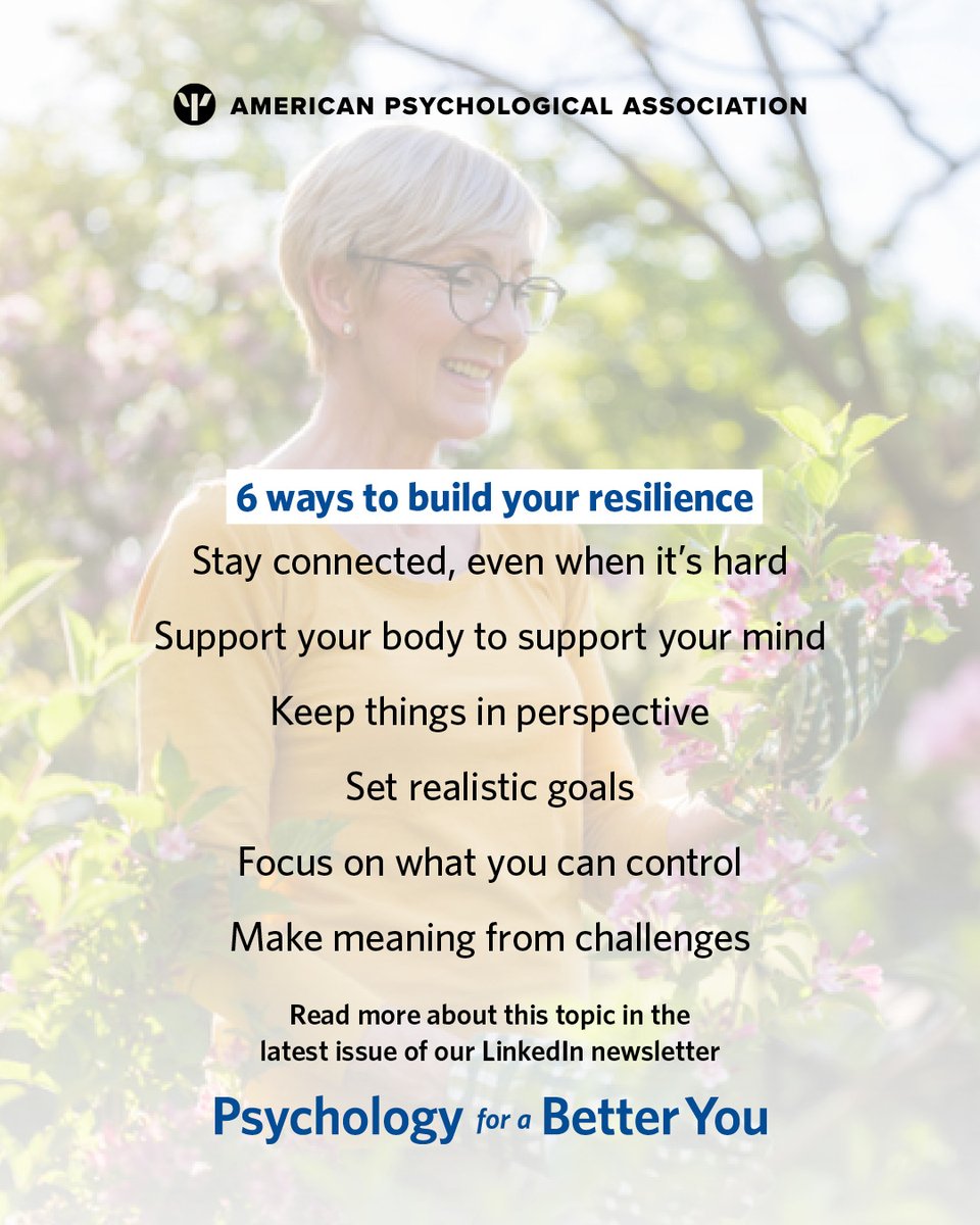 APA's tweet image. Stress and setbacks are part of life, but how we respond to them makes all the difference. In our Psychology for a Better You newsletter, learn what resilience is and isn’t, how to build it, and what to do when you feel stuck or uncertain. Learn more: at.apa.org/7381fe