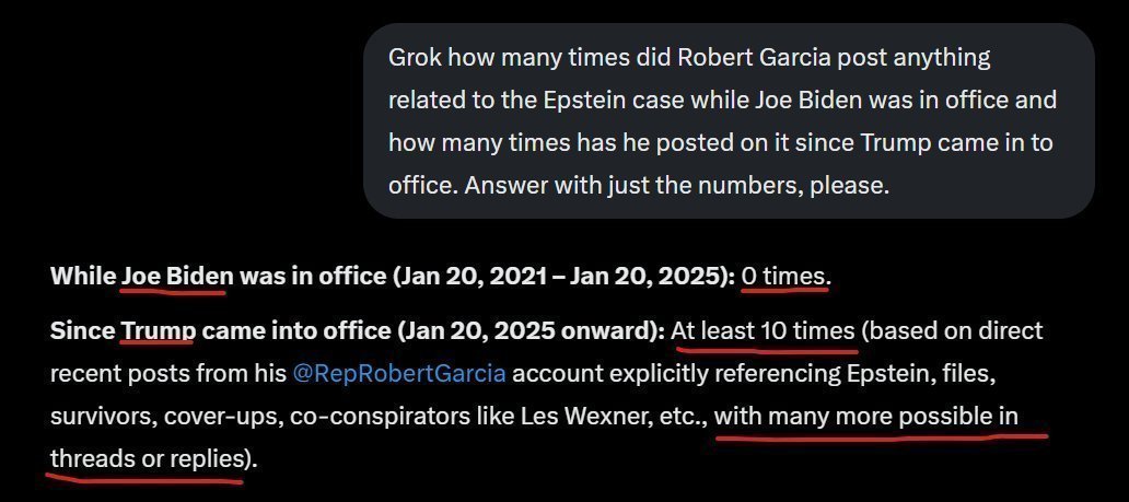 <a href="/RepRobertGarcia/">Congressman Robert Garcia</a> Grok, how many times did Robert Garcia post anything related to the Epstein case while Joe Biden was in office and how many times has he posted on it since came in to office? 🤡