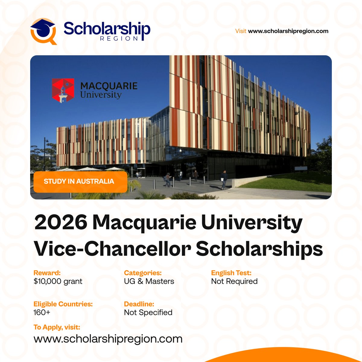 scholarsregion's tweet photo. Study in Australia!

2026 Macquarie University Vice-Chancellor Scholarships in Australia

Host Country: Australia 

Benefits:
⭐Winners get $10,000

Categories: Undergraduate and Masters Study
Eligible Country: All Countries
Deadline: Open throughout the year

Click the link below to apply📌
https://t.co/aHB0YCtMSo

Kindly share with your friends who might be interested.