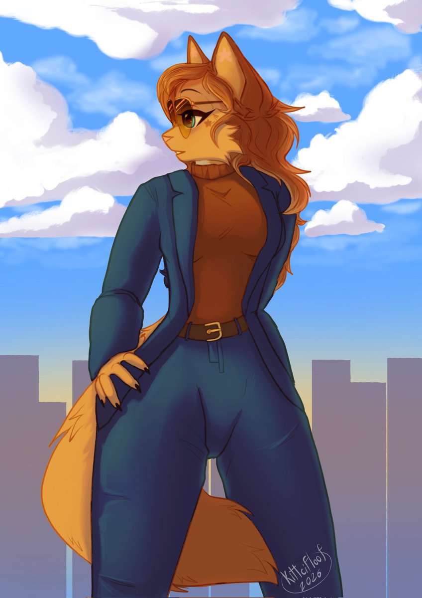 KitteiFloof's tweet photo. Felicia in a blue suit (art by me!) Hey ya’ll, new art! This drawing is a fast one, please no criticism! #furry #furryart https://t.co/XrHFTvBunt