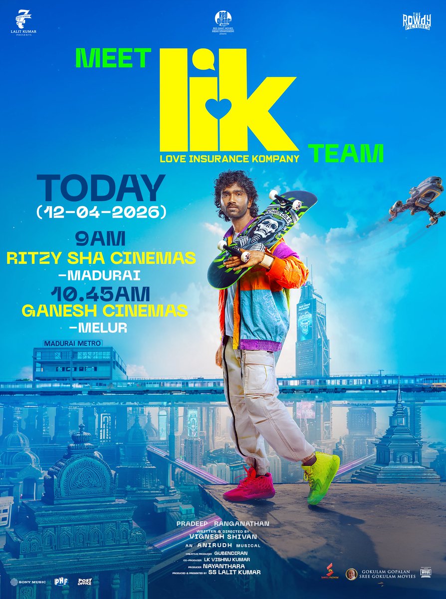 7screenstudio's tweet image. #LIK team is on the move 🚀
Next stops — #Madurai &amp;amp; #Melur 🔥 

An @anirudhofficial musical 🎵 
A #Wikki original 
 
#LIK #LoveInsuranceKompany

Starring @pradeeponelife @IamKrithiShetty @iam_SJSuryah @Gourayy @iYogiBabu

@dop_ravivarman @PradeepERagav @muthurajthangvl