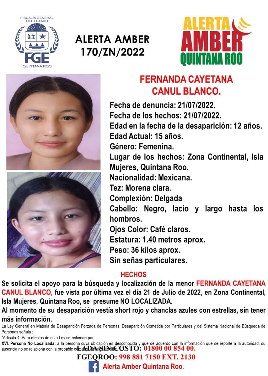Nos hace falta Fernanda Cayerana Canul Blanco, ella tiene 15 años y desapareció en Q. Roo. Compartir si funciona. Su familia la espera de regreso en casa 💜🙏